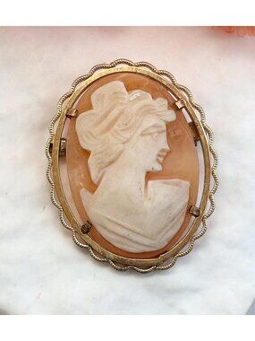 Genuine Pink Cameo Accented Gold Toned Vintage Costume Jewelry Brooch | Pendant